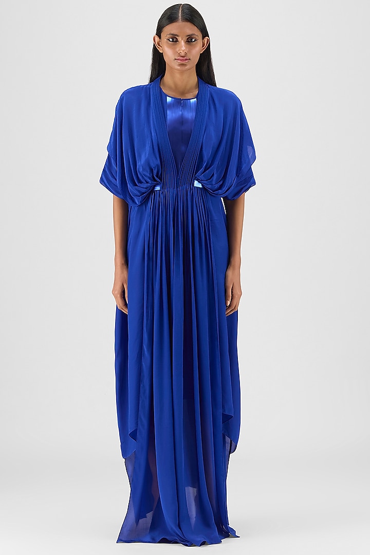 Royal Blue Crepe Chiffon & Metallic Polymer Maxi Cocktail Dress by Amit Aggarwal at Pernia's Pop Up Shop