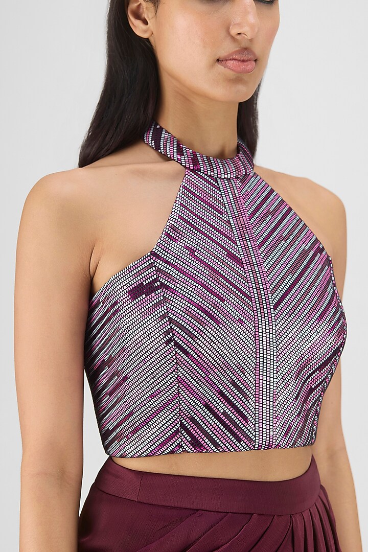 Plum Metallic Polymer & Crepe Chiffon Skirt Set by Amit Aggarwal at Pernia's Pop Up Shop