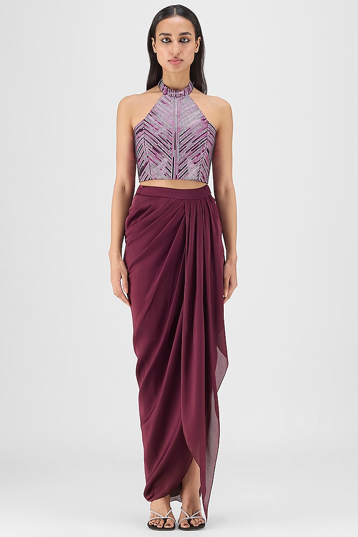 Plum Metallic Polymer & Crepe Chiffon Skirt Set by Amit Aggarwal at Pernia's Pop Up Shop