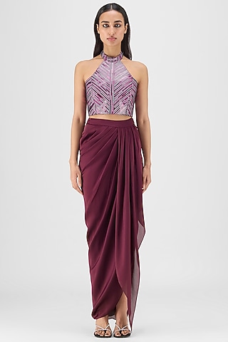 Plum Metallic Polymer & Crepe Chiffon Skirt Set by Amit Aggarwal