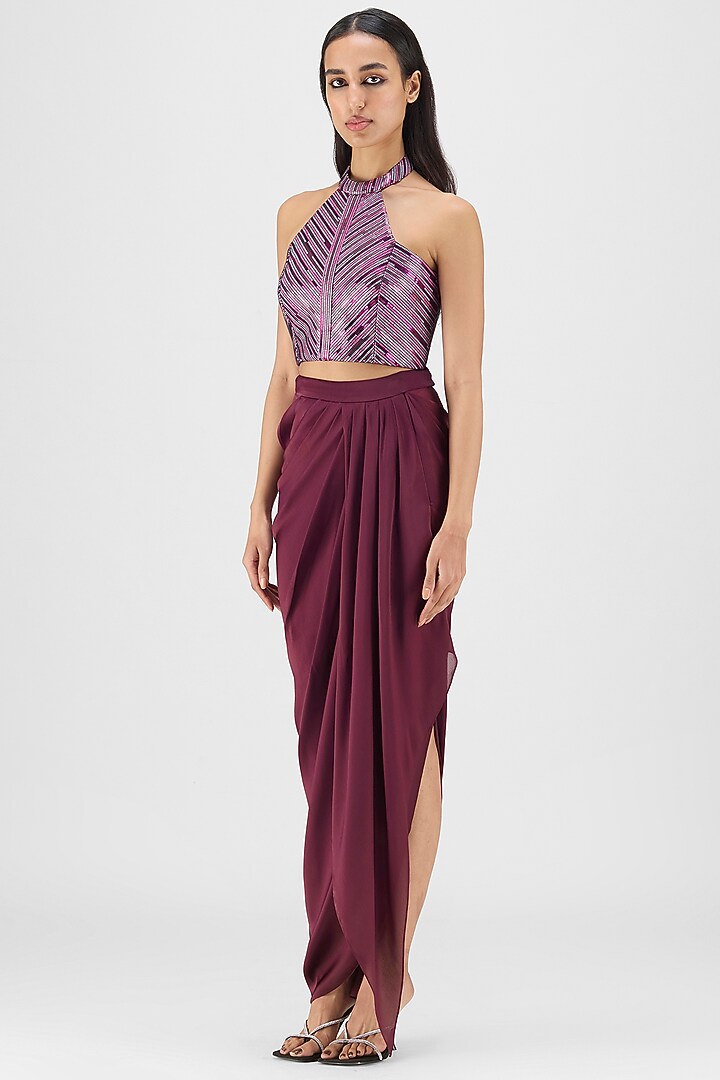Plum Metallic Polymer & Crepe Chiffon Skirt Set by Amit Aggarwal at Pernia's Pop Up Shop