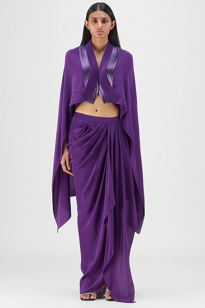 Purple Metallic Polymer & Chiffon Skirt Set by Amit Aggarwal at Pernia's Pop Up Shop