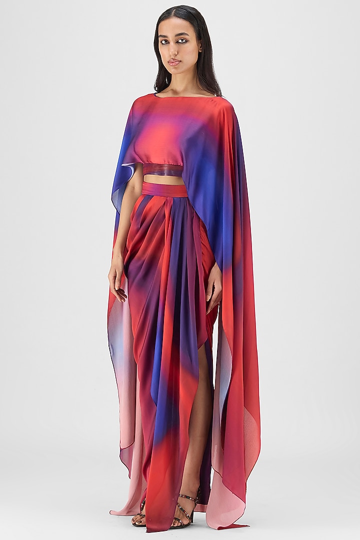 Red & Blue Crepe Chiffon Skirt Set by Amit Aggarwal at Pernia's Pop Up Shop