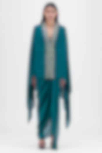 Emerald Metallic Polymer & Crepe Chiffon Skirt Set by Amit Aggarwal at Pernia's Pop Up Shop