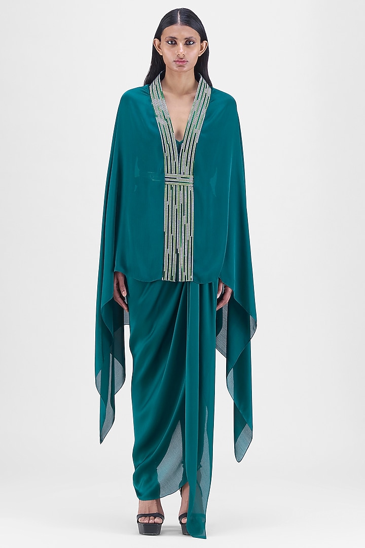 Emerald Metallic Polymer & Crepe Chiffon Skirt Set by Amit Aggarwal at Pernia's Pop Up Shop