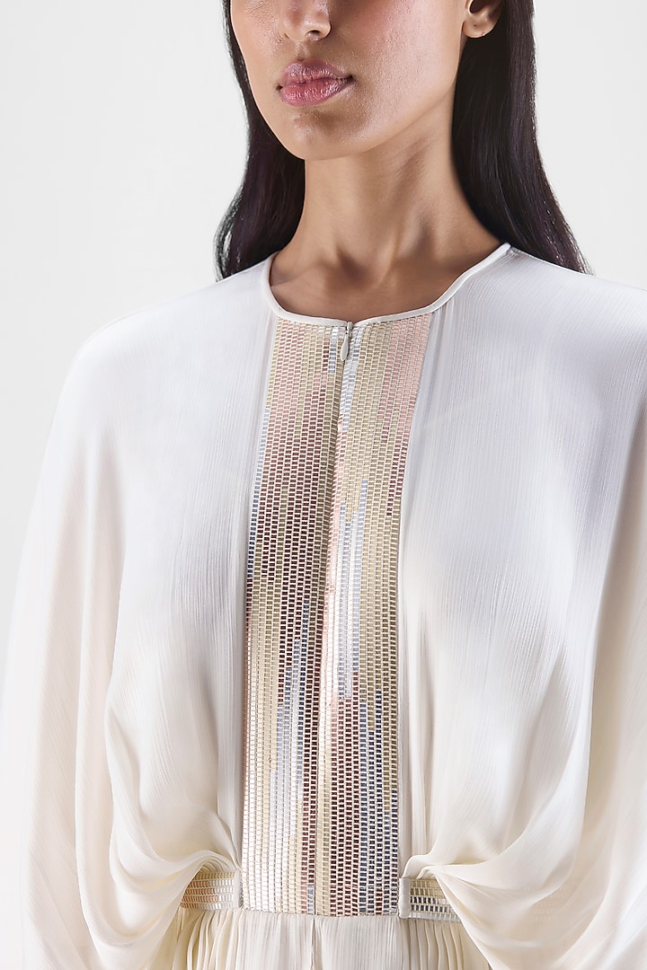 Pearl White Metallic Polymer & Crepe Chiffon Engagement Gown by Amit Aggarwal at Pernia's Pop Up Shop