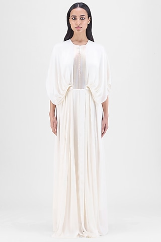 Pearl White Metallic Polymer & Crepe Chiffon Gown by Amit Aggarwal