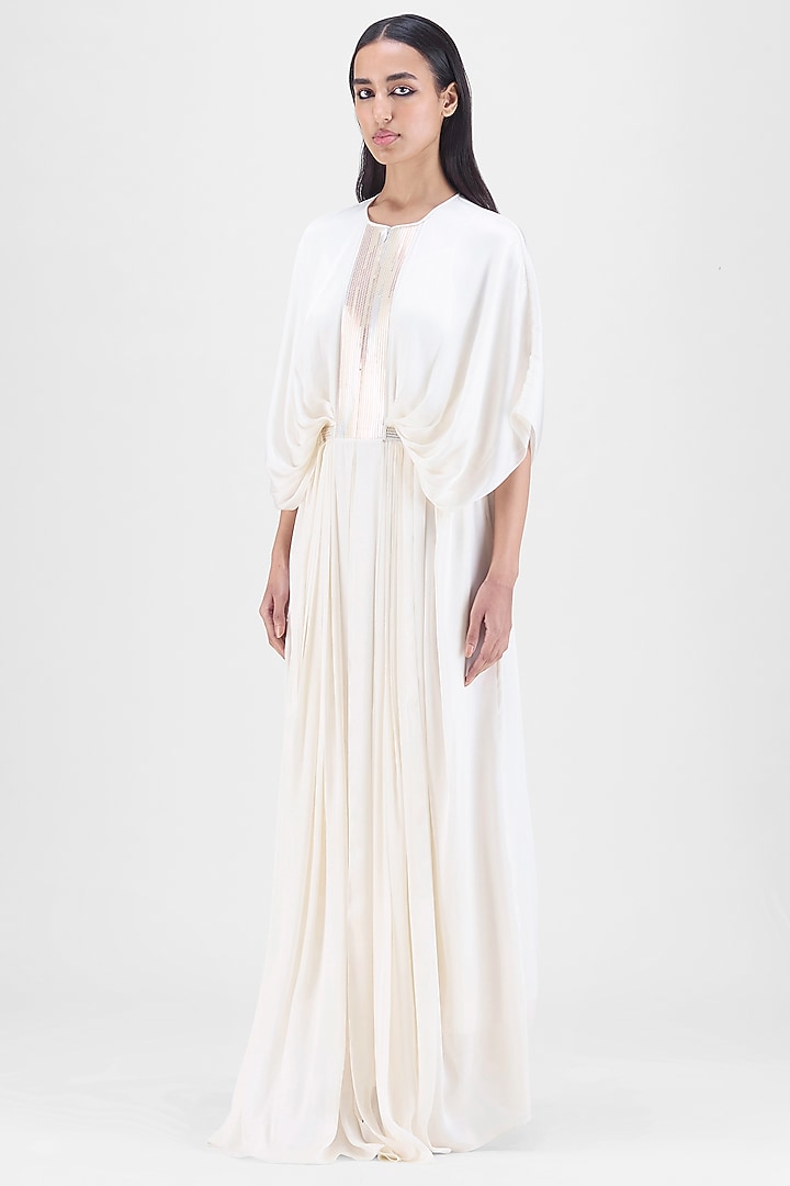 Pearl White Metallic Polymer & Crepe Chiffon Engagement Gown by Amit Aggarwal at Pernia's Pop Up Shop
