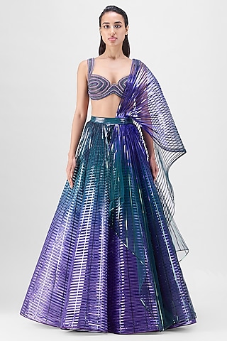 Purple Metallic Polymer & Chiffon Lehenga Set by Amit Aggarwal