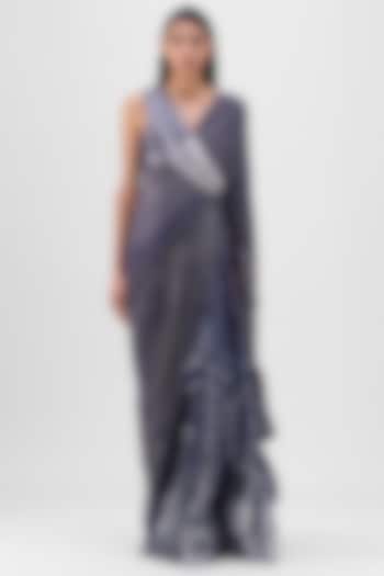 Ink Blue Metallic Polymer Draped Bridal Gown Saree by Amit Aggarwal at Pernia's Pop Up Shop