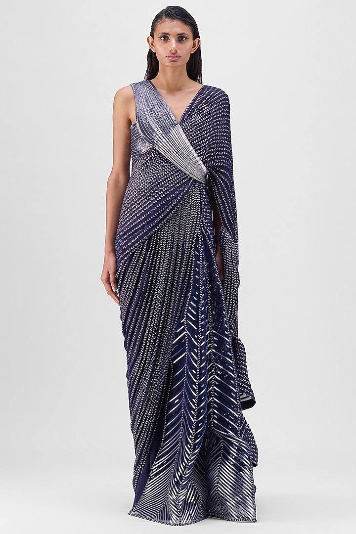 Ink Blue Metallic Polymer Draped Bridal Gown Saree by Amit Aggarwal at Pernia's Pop Up Shop