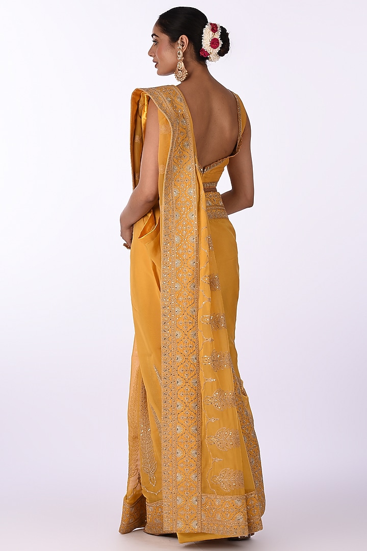 Yellow Organza Floral Embroidered Wedding Saree Set by Isha & Anshul at Pernia's Pop Up Shop