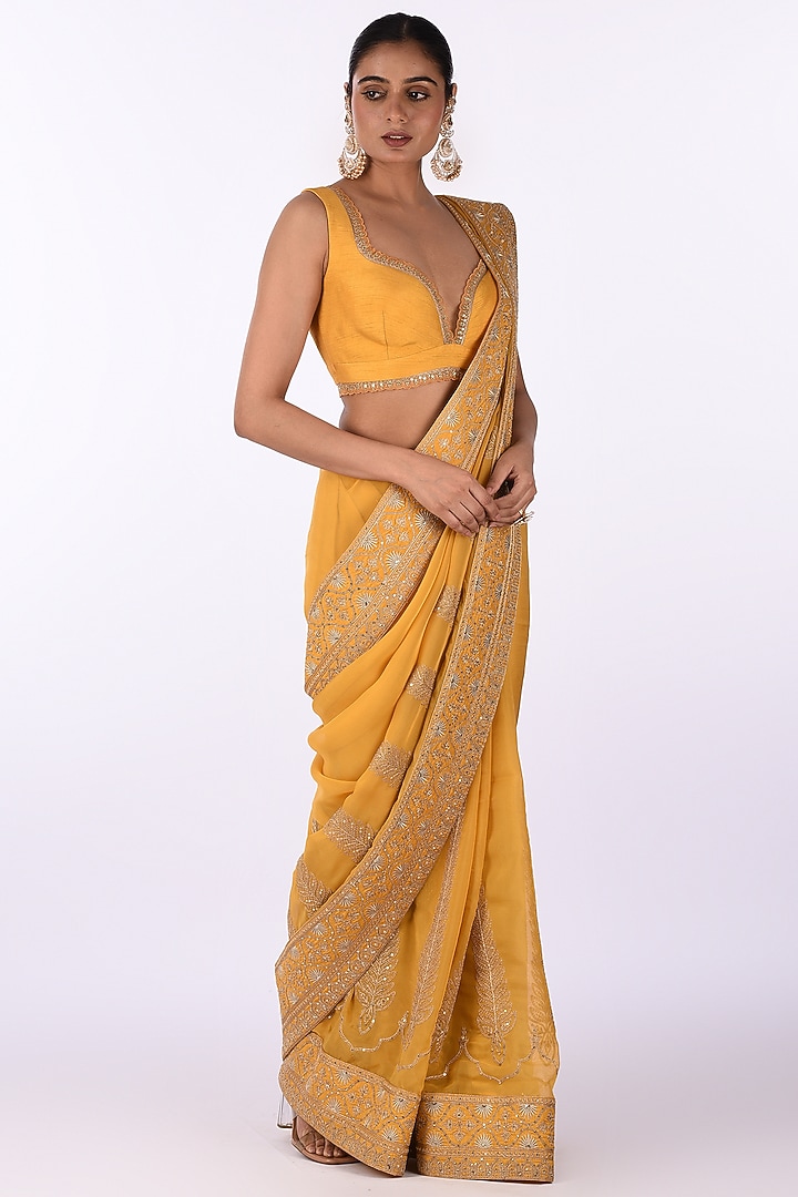 Yellow Organza Floral Embroidered Wedding Saree Set by Isha & Anshul at Pernia's Pop Up Shop