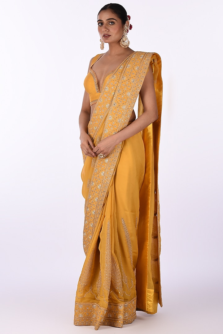 Yellow Organza Floral Embroidered Wedding Saree Set by Isha & Anshul at Pernia's Pop Up Shop