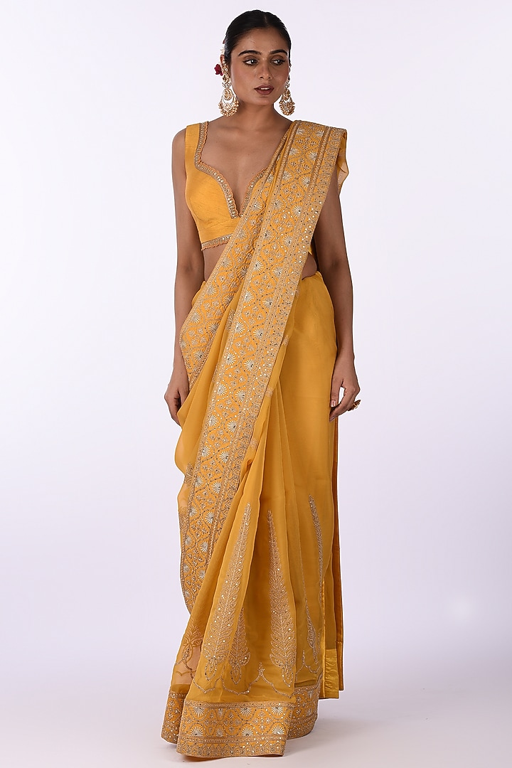 Yellow Organza Floral Embroidered Wedding Saree Set by Isha & Anshul at Pernia's Pop Up Shop