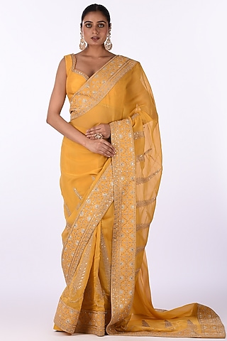 Yellow Organza Floral Embroidered Saree Set by Isha & Anshul