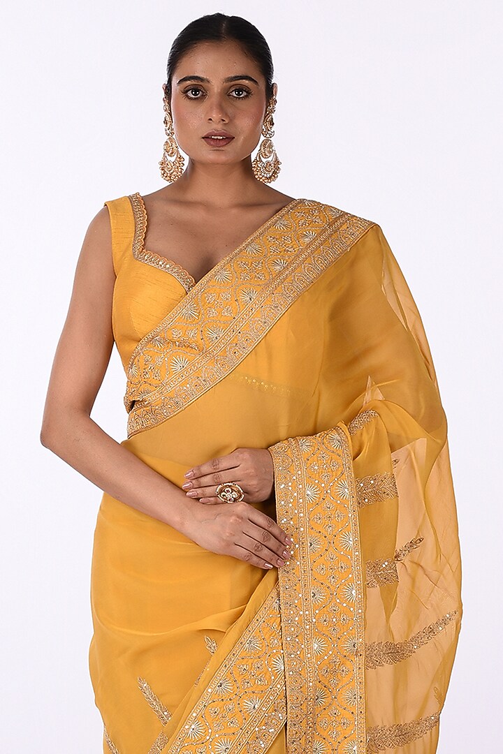 Yellow Organza Floral Embroidered Wedding Saree Set by Isha & Anshul at Pernia's Pop Up Shop