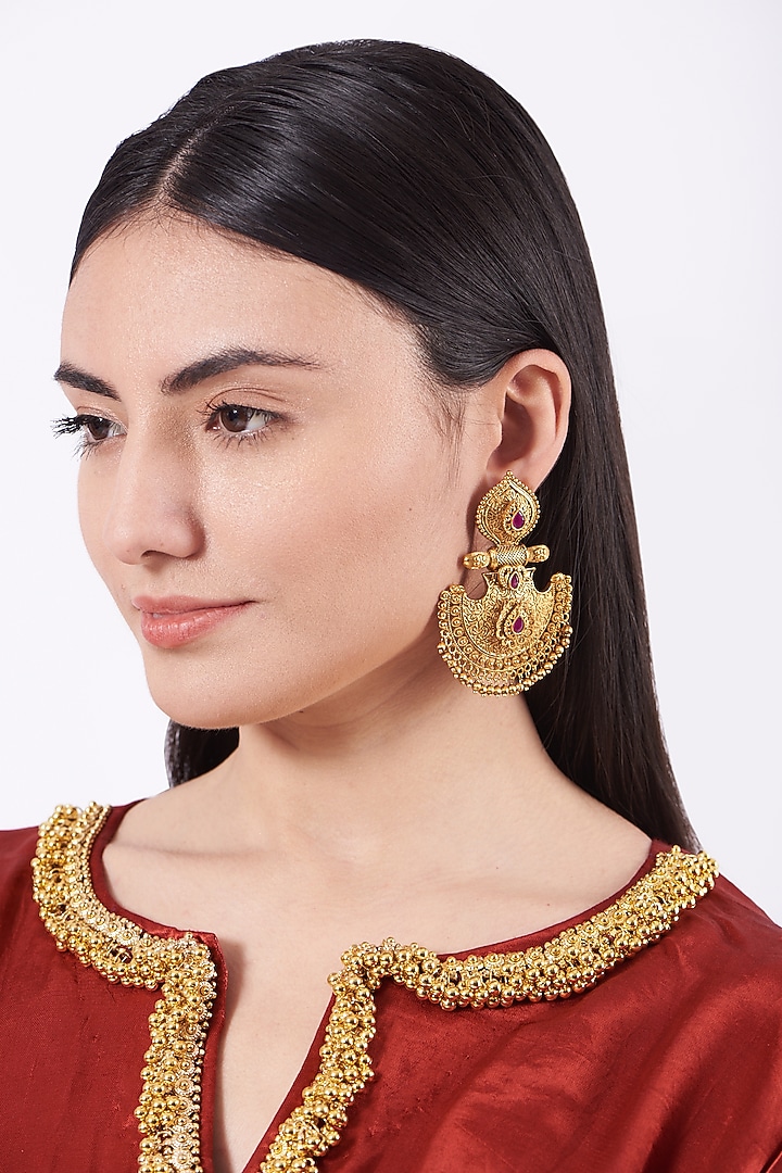 Gold Finish Dangler Earrings With Synthetic Stones by 20AM at Pernia's Pop Up Shop