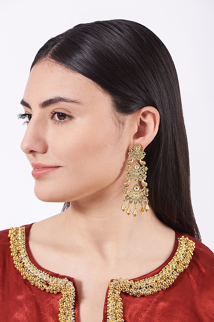 Gold Finish Kundan Polki Temple Dangler Earrings  by 20AM