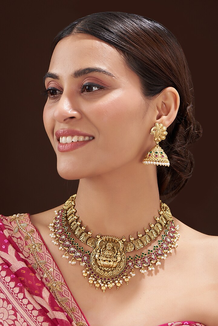 Gold Finish Ruby Synthetic Stone Necklace Set by 20AM at Pernia's Pop Up Shop