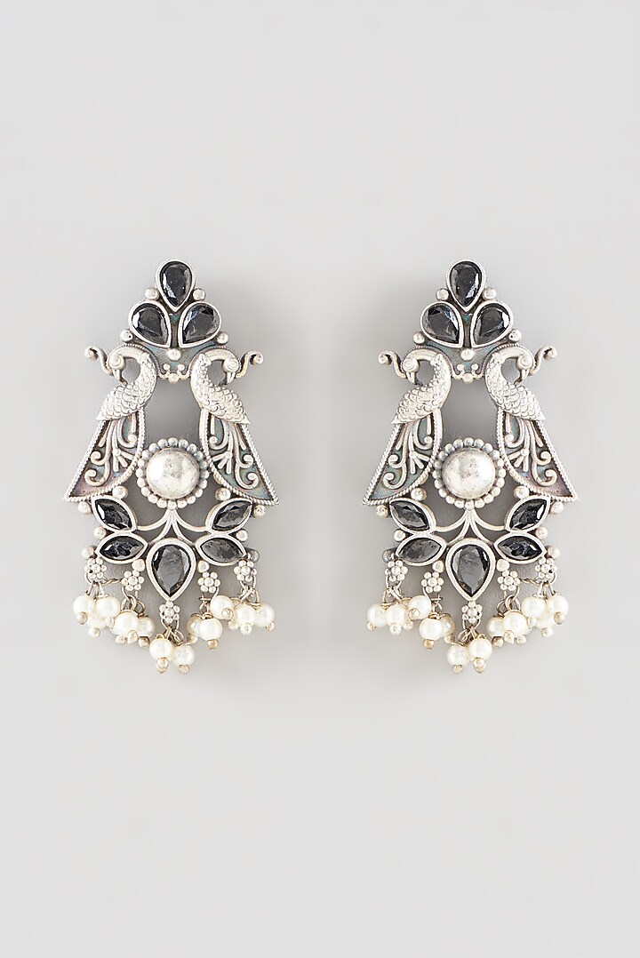 Oxidised Silver Finish Black Synthetic Stone Dangler Earrings by 20AM at Pernia's Pop Up Shop