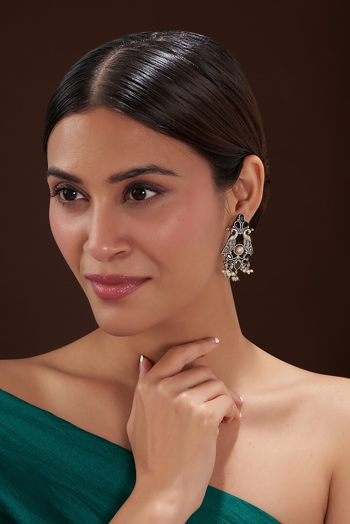 Oxidised Silver Finish Black Synthetic Stone Dangler Earrings by 20AM at Pernia's Pop Up Shop