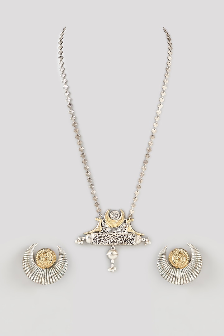 Two-Tone Finish Pearl Bead & Motif Long Necklace Set by 20AM at Pernia's Pop Up Shop