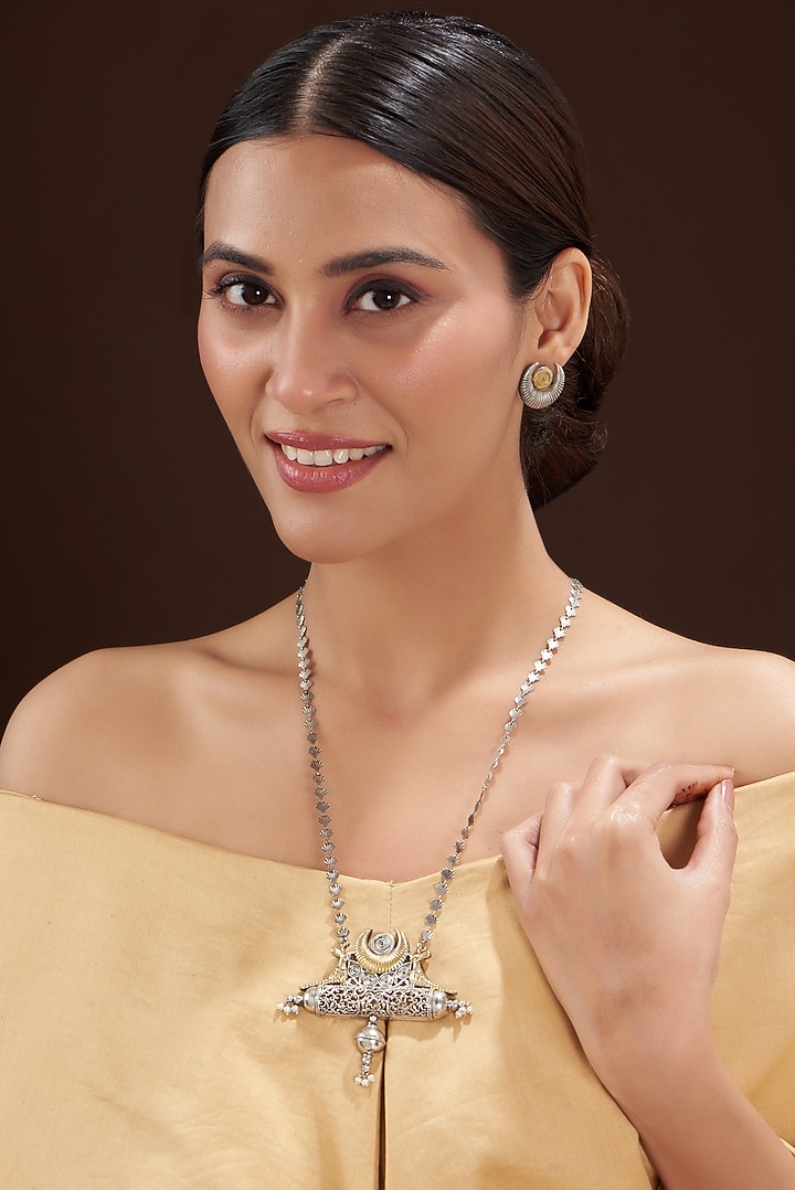 Two-Tone Finish Pearl Bead & Motif Long Necklace Set by 20AM at Pernia's Pop Up Shop