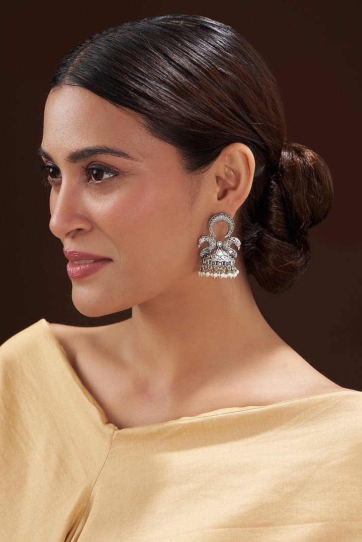 Oxidised Silver Finish White Synthetic Stone Dangler Earrings by 20AM at Pernia's Pop Up Shop