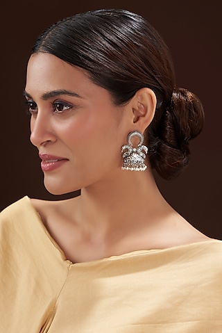 Oxidised Silver Finish White Synthetic Stone Dangler Earrings by 20AM