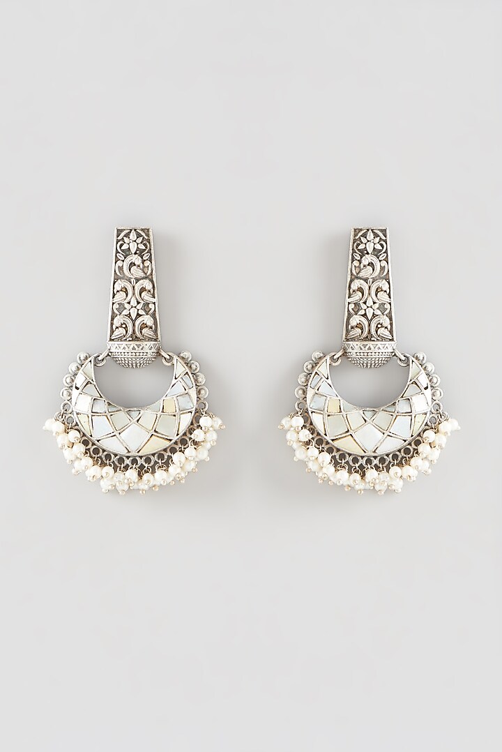 Oxidised Silver Finish White Pearl & Floral Motif Dangler Earrings by 20AM at Pernia's Pop Up Shop