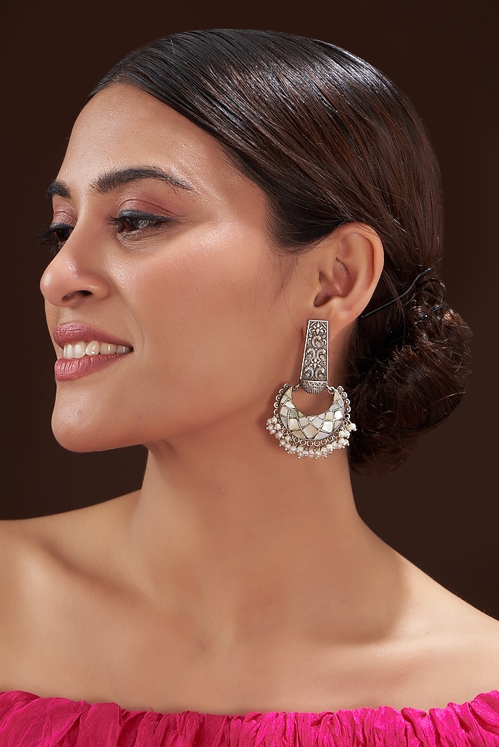 Oxidised Silver Finish White Pearl & Floral Motif Dangler Earrings by 20AM at Pernia's Pop Up Shop