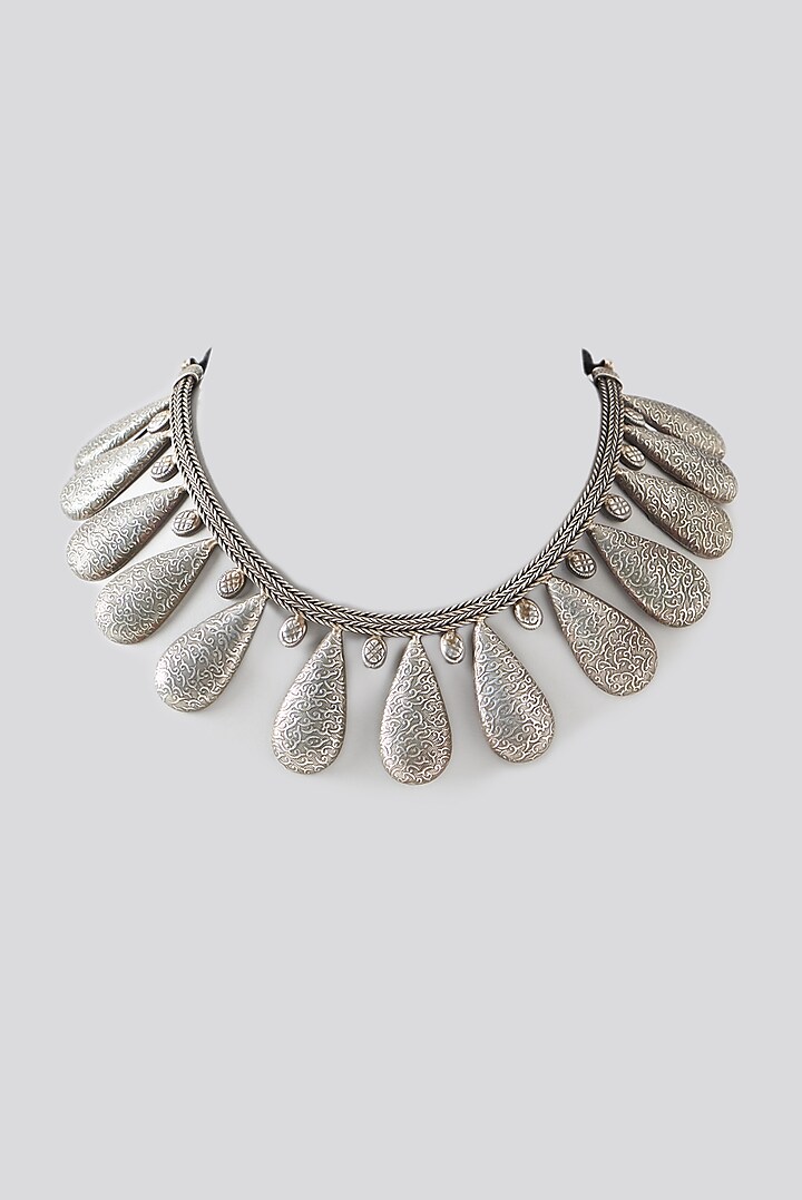 Oxidised Silver Finish Leaf Motif Necklace by 20AM