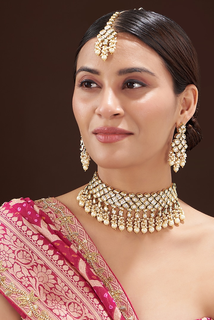 Gold Finish Kundan Polki And Pearl Choker Necklace Set Design By 20am At