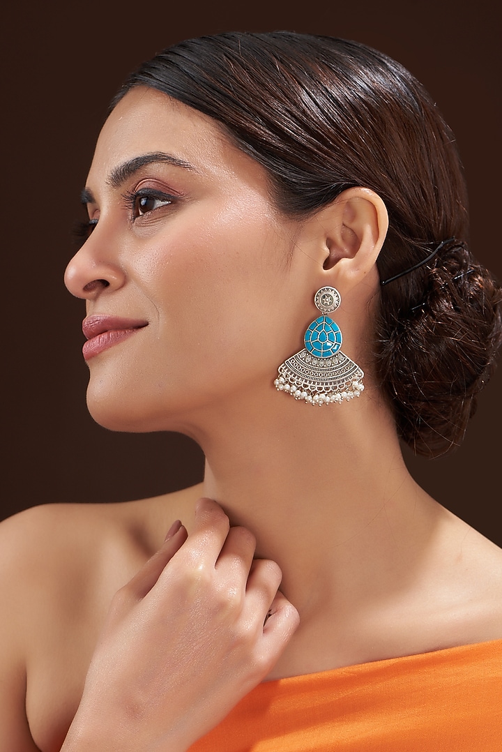 Oxidised Silver Finish Turquoise Stone Dangler Earrings by 20AM at Pernia's Pop Up Shop