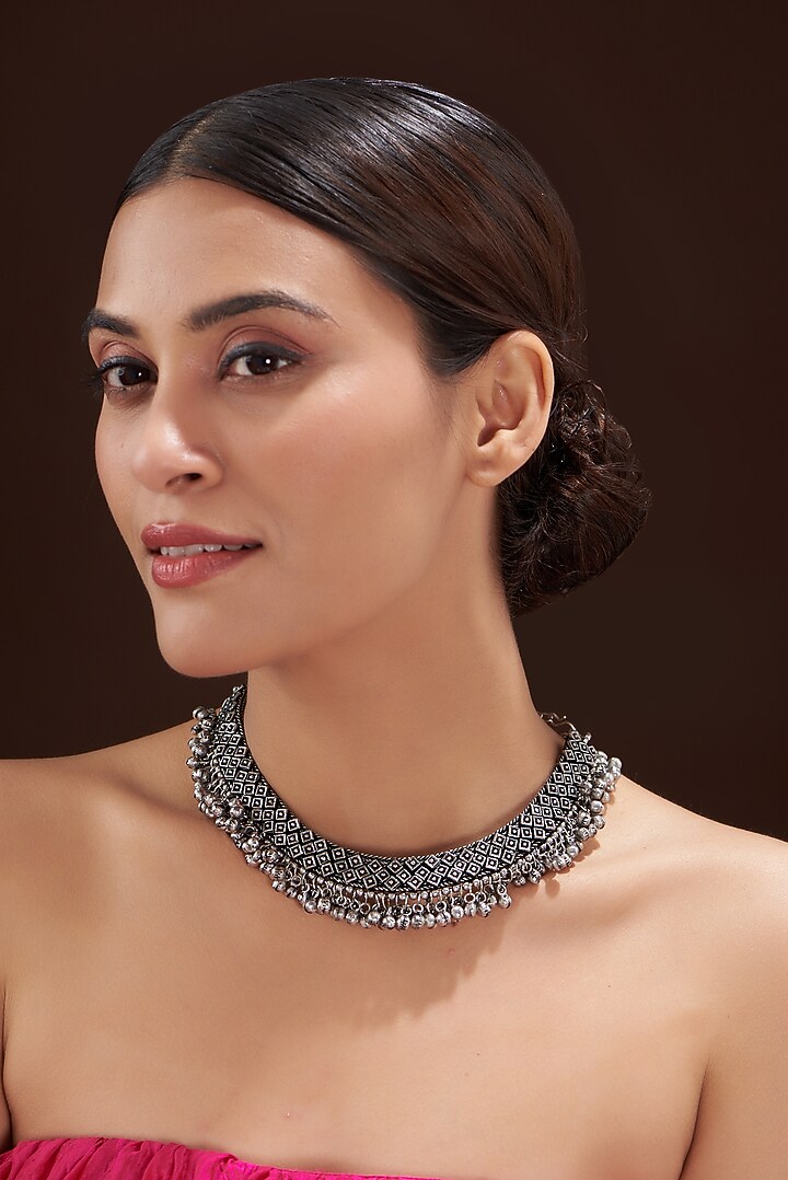 Oxidised Silver Finish Metal Beaded Necklace by 20AM at Pernia's Pop Up Shop