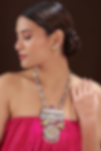 Two-Tone Finish Red Stone & Metal Beaded Long Necklace Set by 20AM at Pernia's Pop Up Shop