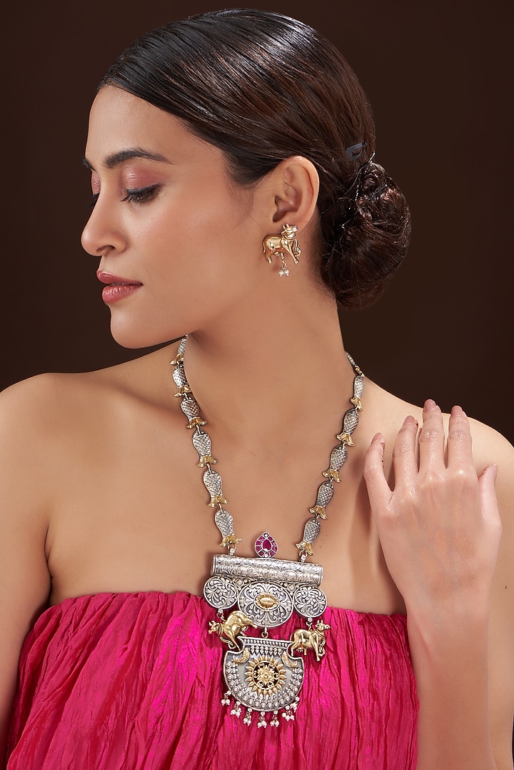 Two-Tone Finish Red Stone & Metal Beaded Long Necklace Set by 20AM at Pernia's Pop Up Shop