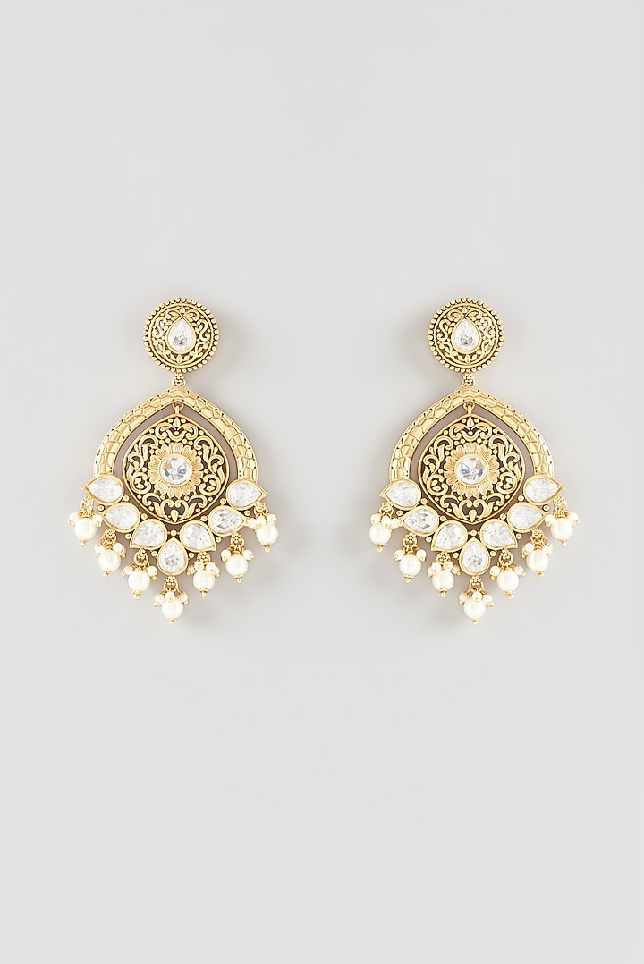 Gold Finish Kundan Polki & Pearl Dangler Earrings by 20AM at Pernia's Pop Up Shop
