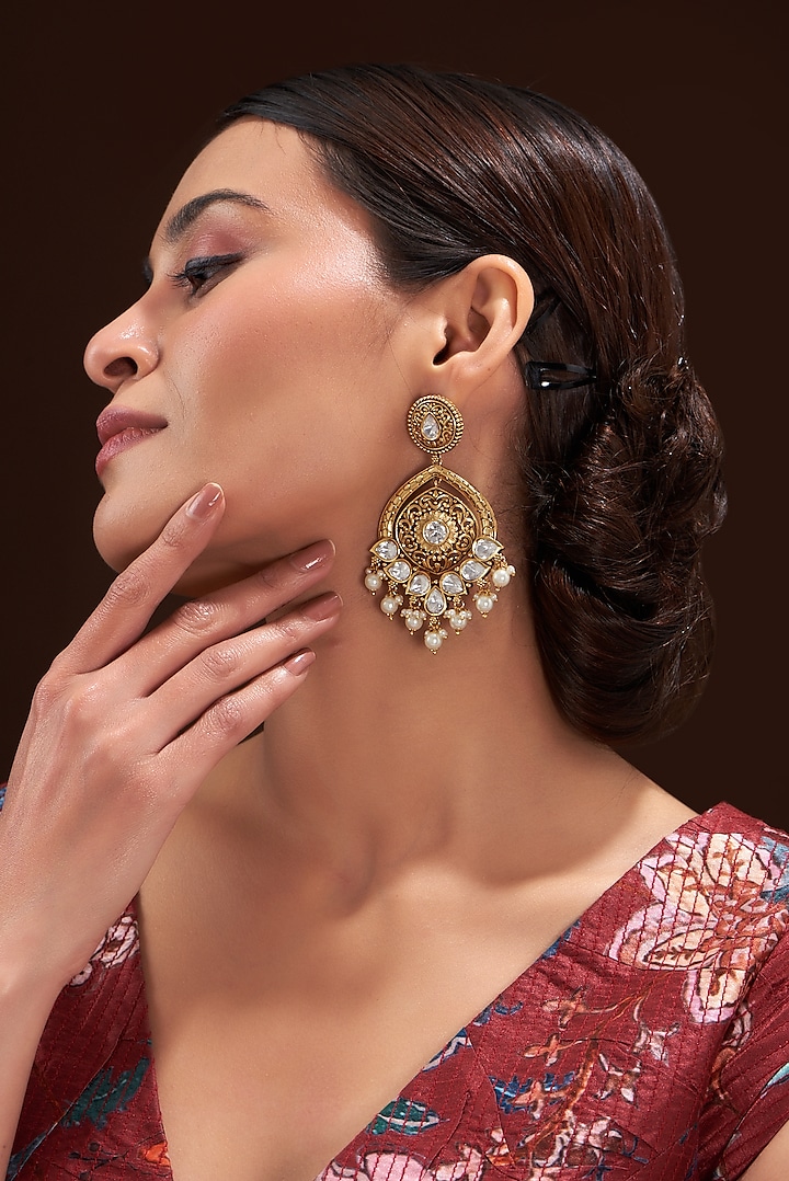 Gold Finish Kundan Polki & Pearl Dangler Earrings by 20AM at Pernia's Pop Up Shop