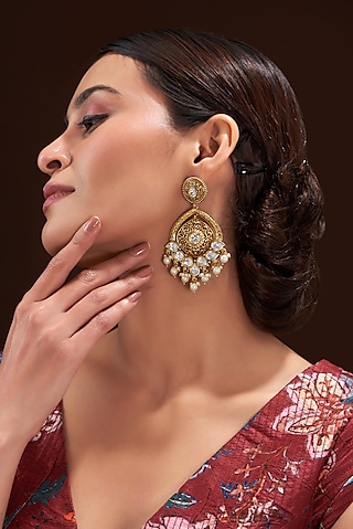 Gold Finish Kundan Polki & Pearl Dangler Earrings by 20AM