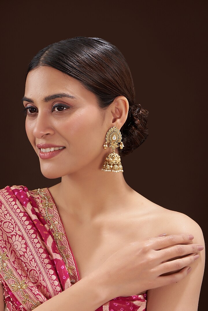 Gold Finish Kundan Polki & Pearl Dangler Earrings by 20AM at Pernia's Pop Up Shop
