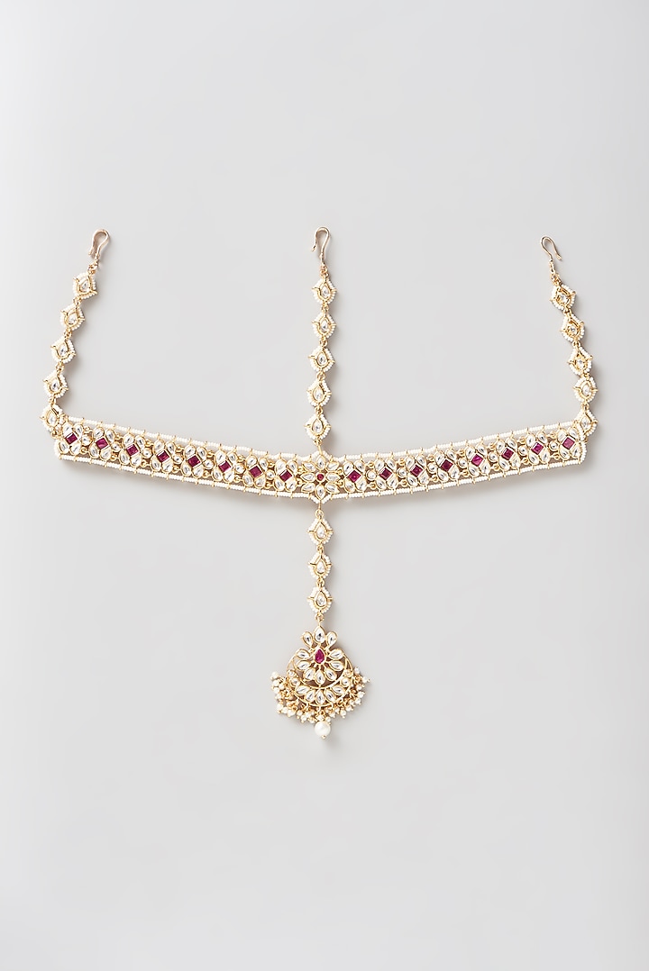 Gold Finish Red Stone & Pearl Mathapatti by 20AM at Pernia's Pop Up Shop