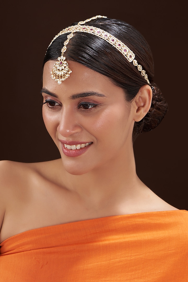 Gold Finish Red Stone & Pearl Mathapatti by 20AM at Pernia's Pop Up Shop