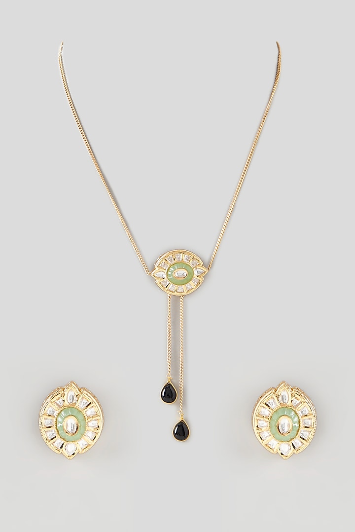 Gold Finish Green & Black Stone Necklace Set by 20AM at Pernia's Pop Up Shop