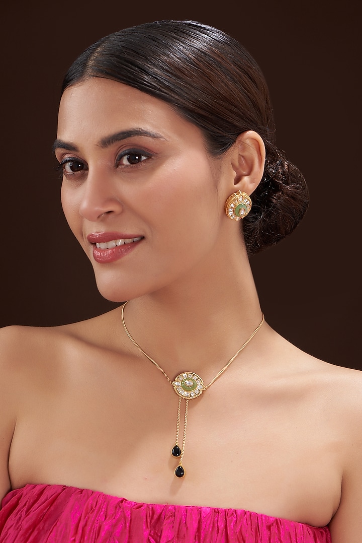 Gold Finish Green & Black Stone Necklace Set by 20AM at Pernia's Pop Up Shop
