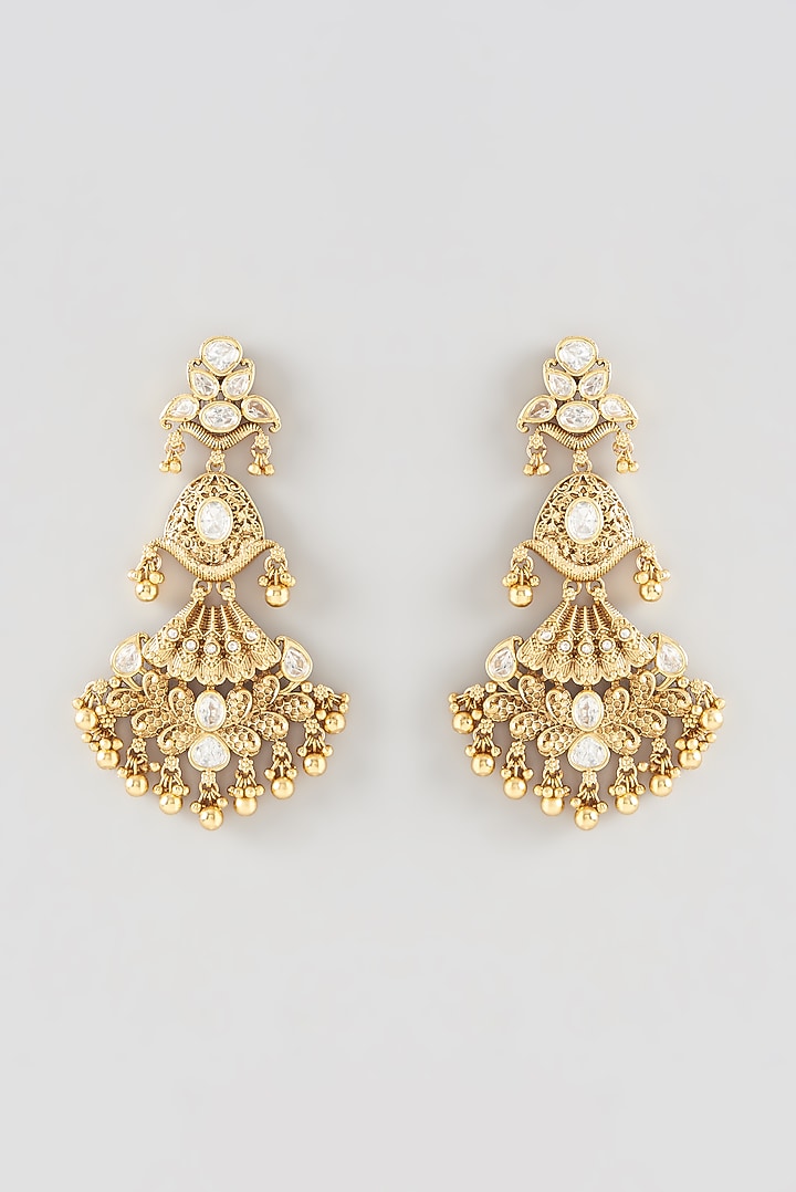 Gold Finish Kundan Polki & Metal Beaded Dangler Earrings by 20AM at Pernia's Pop Up Shop