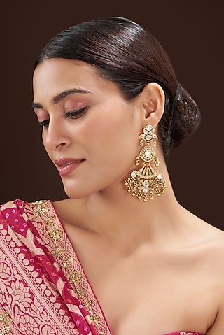 Gold Finish Kundan Polki & Metal Beaded Dangler Earrings by 20AM