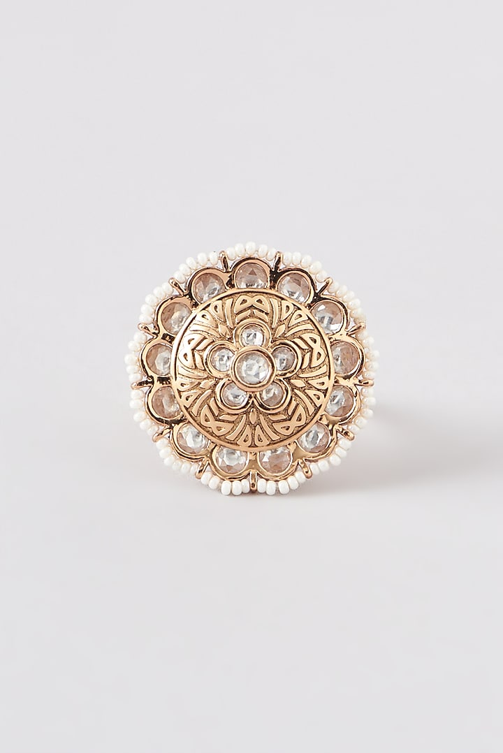 Gold Finish Kundan Polki & Pearl Ring by 20AM at Pernia's Pop Up Shop