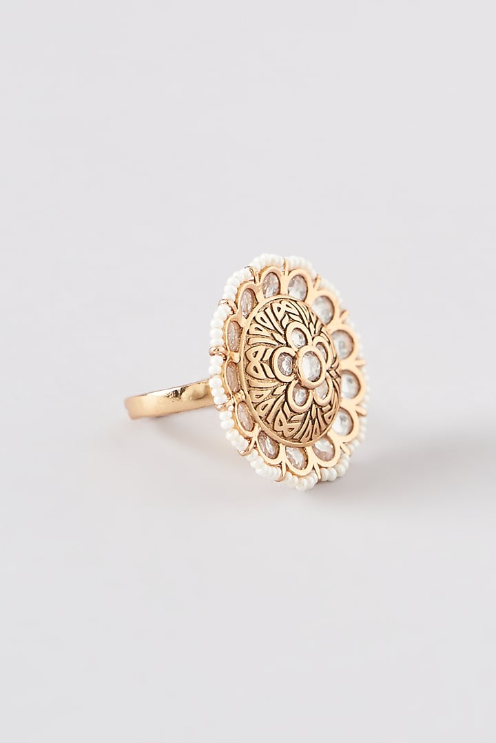 Gold Finish Kundan Polki & Pearl Ring by 20AM at Pernia's Pop Up Shop